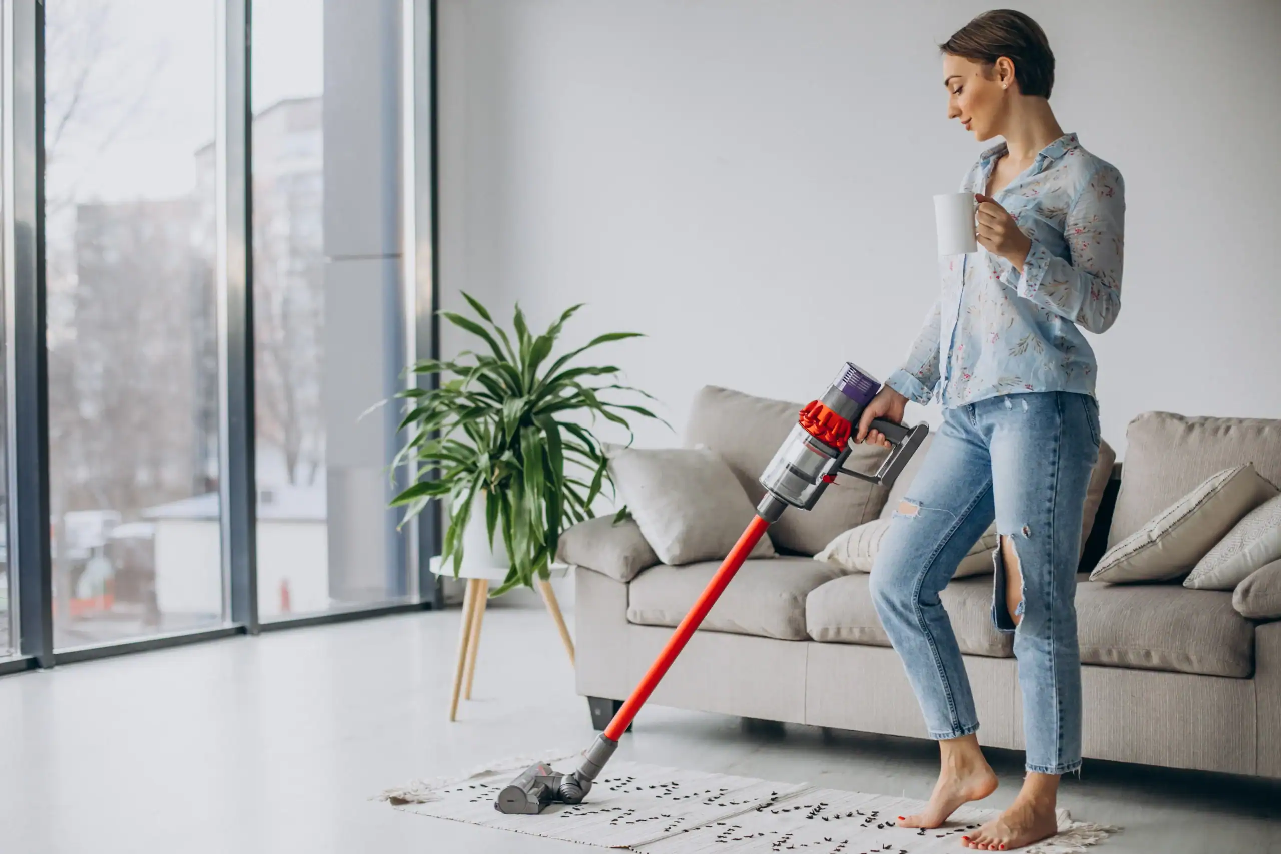 Mulher usando um dos melhores aspiradores verticais para limpar o tapete